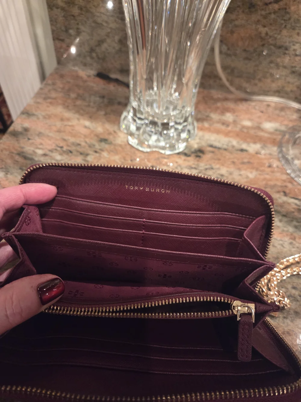 Tory Burch Burgundy Saffiano Leather Wristlet with Gold Chain